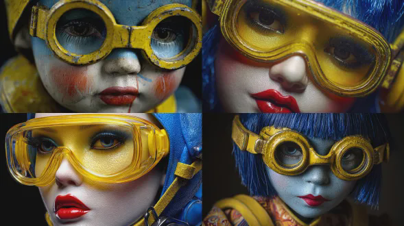 一个蓝皮肤红嘴唇戴黄色焊接护目镜的玩偶，侧视角特写，肩膀入镜，目光直视观众，真实且诡异，超级写实主义，工作室拍摄，特写镜头，硬光，高细节，塑料质感，鲜艳色彩，不安情绪，恐怖谷效应，