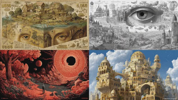 “梦中之梦”概念的详细超现实奇幻插图，梦想家世界中的多层现实，超详细；作者：金·基弗 安托万·科利尼翁 瓦迪姆·卡辛 蒂姆·伯顿 彼得·莫尔巴赫