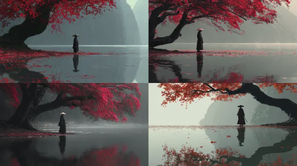 一位孤独的流浪武士僧侣站在齐踝深的平静湖边，穿着深色飘逸长袍，戴着传统的圆锥形草帽，姿势平静而沉思，头微低，双手放松，动作极少。左边一棵巨大的古枫树向外伸展，树干呈黑色，树皮扭曲，红叶茂密，枝条拱在水面上；落下的红叶铺满了地面，轻轻地漂浮在湖面上。环境朦胧而空灵：柔和的雾气覆盖着背景中远处的山脉和悬崖，不饱和的灰色色调逐渐融入大气深处。水面如玻璃般光滑，泛着微妙的波纹，几乎完美地映出了武士和红树的倒影。光线柔和、漫射、阴天，没有刺眼的阴影，深黑色、柔和的灰色和鲜艳的红色树叶之间形成电影般的对比。调色板：单色灰色环境，点缀着丰富的红色叶子。构图遵循三分法则、宽阔的电影框架、垂直方向、宁静的极简主义、右侧强烈的负空间。织物、树皮、树叶和水面上的超现实且绘画般的精细纹理细节；深度浅雾、高动态范围、柔和的体积雾、宁静的心情、日本禅宗美学、8k 分辨率、电影杰作、超细节、逼真的幻想现实主义。