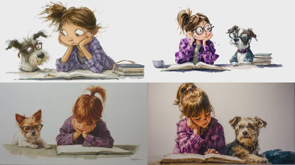 水彩丙烯酸油混合异想天开的小女孩，赤褐色的头发扎着马尾辫，穿着紫色格子衬衫，坐在桌子旁，手肘放在桌子上，她低头看着桌子上一本打开的书，她戴着眼镜的邋遢的狗在她旁边，惊讶地看着她，超详细，尖锐的阴影和阴影，白色背景
