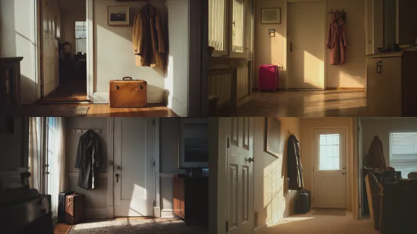 一个空荡的公寓入口，一个直立的行李箱靠近门边，墙钩上挂着一件外套，午后阳光洒满地板，没有人类出现，一种刚离开的感觉，电影般的室内摄影，全画幅相机拍摄，35mm镜头，f/4光圈，自然窗光，低对比度，柔和的色彩，自然的颗粒感