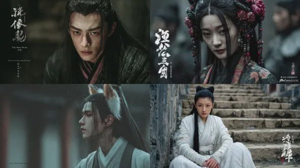 风格基调：胡金铨式武侠电影美学 (cinematic wuxia aesthetic - king hu style) 肤质：冷白皮瓷感 (porcelain glass skin)，极致通透，保留真实面部细微生动纹理与桃夭色晕染。 发丝：如墨般漆黑 (jet black)，在晨雾中若隐若现，狐耳从发间自然探出，带有湿润露珠质感。 光影：丁达尔晨光 (tyndall morning light)，金色逆光穿透浓雾，在发丝与轮廓边缘形成神性光晕。 场景：古刹山门前的青石阶，湿润长满青苔，晨风吹拂竹林。 调色统一：月白与淡青色 (moon-white & pale cyan) 为主调，融合水墨画的留白与电影胶片的颗粒感，呈现“清冷且妖异”的高级灰调。 硬约束：解剖学正确的狐耳、无现代元素、必须保持神秘微笑的神态。