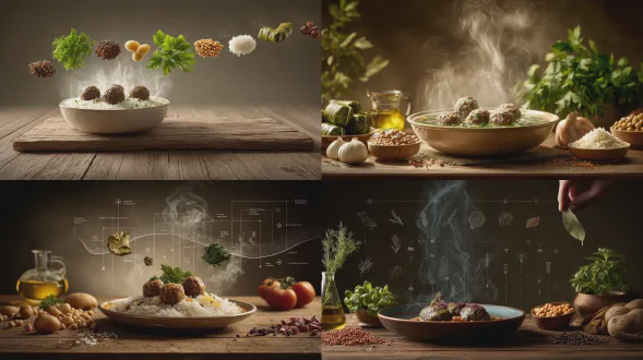 超写实电影感美食摄影，一道传统菜肴呈现在质朴的木桌上。成品菜肴置于前景，葡萄叶卷肉丸汤，自然升腾的蒸汽。配料悬浮在菜肴上方，布局整洁有序：新鲜香草、米饭、肉末、洋葱、香料、橄榄油、土豆、鹰嘴豆、藏红花，每种配料独立且清晰可见。微妙的曲线信息图表线条和极简标签指向每种配料。温暖的摄影棚灯光，柔和的阴影，浅景深，大地色系调色板，高级食谱和美食教育风格。超精细纹理，逼真的食物表面，编辑级烹饪信息图表，照片般逼真，超精细，8k 质量。
