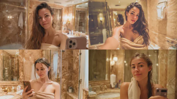 一位南欧女子在奢华大理石浴室自拍，松散的微乱盘发，柔软发丝垂落脸侧，眼神柔和专注地看着手机，嘴唇放松，一只手轻搭胸前毛巾，另一手握手机，毛绒浴巾固定胸前，暖米色大理石墙面，大镜子，玻璃淋浴间，反光台面，柔和暖光，特写镜头，浅红色，高挑纤细，平静内省，自然光晕，突出锁骨，柔焦，电影感，浅景深，肖像摄影，环境人像，柔和阴影，奢华氛围，细腻质感