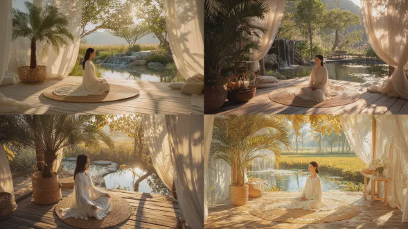 一位宁静美丽的25岁中国女子，身着飘逸的白色长裙，盘腿坐在阳光普照的木质平台上的圆形编织垫上，安详地冥想。她身处一座极简主义的露天凉亭，轻柔的白色薄纱窗帘在微风中摇曳，她左侧有一棵大棕榈树置于编织篮中。凉亭外，宁静的自然景观展开：清澈的池塘倒映着金色阳光，一道小瀑布缓缓 cascades，郁郁葱葱的绿叶沐浴在柔和温暖的晨光中，斑驳的阳光透过树梢洒落。整体氛围宁静祥和，清新振奋。画面具有电影般的柔焦效果，质感丰富细腻，以温暖的金色、柔和的白色和翠绿的色调为主导