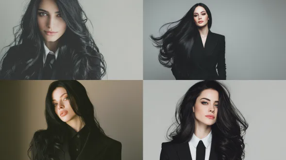 一位美丽自信的女子，有着长长的、飘逸的黑色长发，穿着简约却迷人的套装，与假发相得益彰。她的外观应自然却引人注目，柔和、中性的妆容凸显她的容貌特征。她散发着自信与优雅，体现美的本质。背景应简约，将注意力聚焦在她和假发上