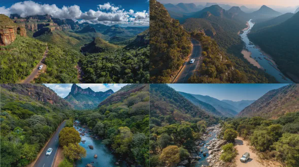 热带南非景观的航拍展现出一辆废弃的汽车位于郁郁葱葱的山峦与河流之上，其前方有一条笔直的道路。广角镜头捕捉到宏大场景，具备高清细节。一辆白色的suv驶过，为整幅画面增添了神秘感。高对比度的色彩凸显出自然之美。周围空无一人