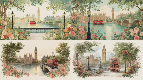 一幅梦幻的水粉风格插画，描绘夏季的伦敦，从泰晤士河对岸观赏大本钟和议会大厦，远处隐约可见塔桥，红色双层巴士穿过威斯敏斯特桥，前景有盛开的玫瑰和夏季花卉环绕，圣詹姆斯公园的翠绿树木、黑色锻铁栏杆和经典的维多利亚时代路灯，暖金色时刻的阳光映照泰晤士河，柔和的粉蓝色天空，具有绘画质感的笔触，浪漫的手绘旅行海报美学，温暖的绿色、淡粉色和柔和的金色调，异想天开，细节丰富但不过于整洁，无文字