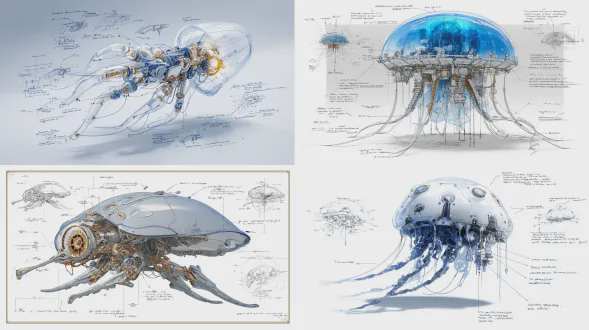 一幅机械水母设计的概念蓝图草图，呈现3d渲染的主要机械水母主体，背景为纯白色，从工程角度的大胆视角，戏剧性的金属光照和阴影，动态漂浮姿态，周围有标注元素：标注的触手机制，带有复杂齿轮和液压执行器，带有机械部件和耐压外壳的身体结构，精确的结构线条和尺寸测量，技术参数注释（电机规格、材料耐久性、深度抗性、推进动力学），带箭头的图解标注和中英双语注释，墨水铅笔技术草图风格，受工业设计草稿启发的视觉风格，触手和身体机械部件的爆炸视图，未来感且精确的氛围