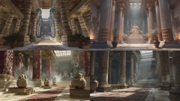一座雄伟的古代雅典神庙内部，坐落于高耸的积雪覆盖的山脉之巅，具有韩式动漫写实风格，以电影史诗级渲染呈现，超精细的宏大殿堂，两侧配有风化石凳的刻有复杂纹饰的巨大大理石柱，铺有复杂手工编织且带几何图案与橄榄叶图案的羊毛地毯的抛光石地面，立于柱基处装满干燥月桂枝的大型陶制双耳罐，殿堂远端有宽阔大理石楼梯通向雕刻有忍冬叶与狮子头的威严大理石王座，王座被从天花板天窗射入的一束神圣阳光照亮，具戏剧性的明暗对比光照，殿堂中飘荡着体积雾，超逼真纹理，营造出史诗般且神圣的氛围，守护在王座旁的是带有镜面抛光金属光泽的金色圣衣装甲，8k画质，由八猴渲染器制作，全局光照、光线追踪反射，超广角且具强烈透视感，低饱和度、低亮度，堪称精湛艺术品