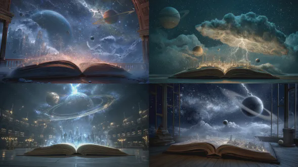 一本宏伟的魔法书陈列在星光熠熠的天文台中的一张复古桌子上。从书页中升起一座发光的科幻大都市，被等离子环和环绕行星所环绕。一道宇宙闪电穿过上方一颗类似土星的行星。超精细的细节，具有奇幻元素的光写实主义，太空环境光照和梦幻般的景深。