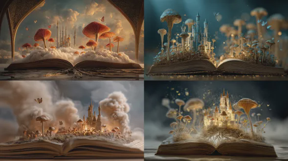 一本雄伟的打开的书形成了一个超现实的、有机的通往一个空灵王国的门户。高耸的城堡尖顶从旋转的雾气中升起，而发光的蘑菇和蝴蝶从书的内页中溢出。书的根与大地融合，象征着古老的魔法。深景深捕捉到超现实的微型纹理；黄金时段的柔和光线，光晕效果，异想天开的编辑奇幻摄影。