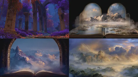 古书中开启的绚丽紫色和金色发光森林拱门，空灵的奇幻领域。高耸的山脉在天光下隐现，云朵被青色和琥珀色光芒照亮。波光粼粼的水流轻轻流过山谷，流出书本。高级光晕效果，逼真的奇幻摄影，佳能 rf 24–70mm，环境雾气细节，具有深度和构图的迷人现实主义。
