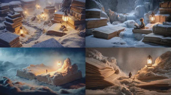 从旧书中升起的雪域童话世界，冰冻的溪流流过书页边缘，磨砂灯在上方发光，梦幻般的冬季氛围，逼真的雪地纹理，沉浸式照片写实主义，暖/冷色彩对比，24–70mm镜头，sony a7r iv