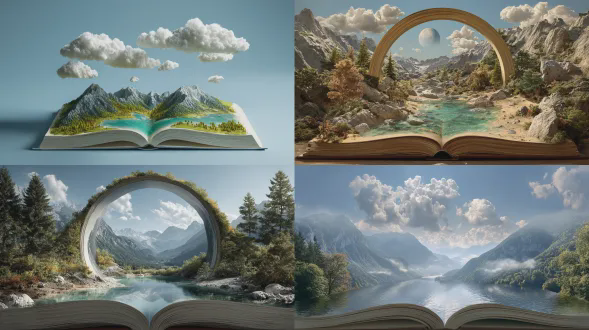 一本打开的书，中心有一个拱形孔，里面是美丽的群山景观，有绿树和碧水。上方的天空有白云，看起来好像可以从页面上剪下来并悬挂在上面。该图像具有逼真的摄影风格，以强调细节。