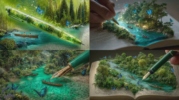 一支神奇的钢笔在书写时创造出郁郁葱葱、生机勃勃的景观，翠绿色的墨水变成了一条清澈见底的河流，周围环绕着充满活力的绿色树木。独木舟在水面上轻轻漂浮，而发光的蓝色蝴蝶则在周围飞舞。钢笔悬停在一本带有手写脚本的打开的书本上方，融合了想象和现实。具有发光光效、浅景深和生动自然纹理的魔幻现实主义摄影。