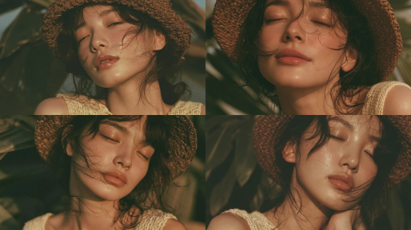 商业级摄影写真，一名20岁出头精致的东亚女孩，微闭着双眼，脸庞微微上扬，晶莹剔透的润泽肌肤上闪烁着细小的汗珠，戴着复古棕色编织草帽，被风吹乱的几缕深色发丝贴在脸颊和脖颈上，身穿米白色钩针编织无袖上衣，温暖的黄金时刻侧逆光，使用 kodak gold 200 35mm 胶片拍摄，柔和的镜头光晕，梦幻朦胧的质感，背景为模糊的深绿色叶片虚化，极浅的景深，复古暖黄色调，自然的皮肤纹理，宁静治愈的氛围，面部与颈部的特写肖像，细腻的胶片颗粒感