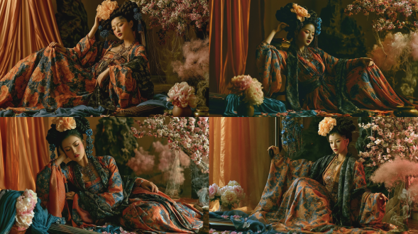 真人唐代宫廷仕女写真照，姿态为： 斜靠椅边，一手轻扶发髻，一手轻搭裙摆，身体微转正对镜头，端庄大气不失柔媚。 光线：侧顺光，发丝柔光，暖金色柔光笼罩，边缘晕染朦胧光斑，局部暗调衬托氛围。 妆容：唐风眼妆，面靥点缀，浅红色口红，妆面精致淡雅。 发型：唐代高髻，乌黑发丝盘成蓬松发髻，鬓角贴发修饰脸型。 服饰：低饱和度橘蓝色宝相花印花撞色唐风襦裙，宽袖垂坠，衣料带暗纹光泽，搭配浅暗绿色印花宽大薄纱披帛，裙摆垂地。 装饰：发髻顶饰大朵浅橘色薄纱绢花，发间插蓝色珠花、流苏步摇，佩戴唐风华丽项链 。背景：左后侧暖橙纱幔垂挂，最后方深色大假山石，右前侧粉白满花海棠花树，搭配大簇浅粉色烟花菊与透光藤蔓，背景带光影微透光。 前景：右上方超大片蓝绸垂落地面覆盖古琴与地面，前方花瓶插满粉白牡丹，花瓣散落，地面置小香炉，烟雾缭绕。 画质效果：高斯模糊，阴影感强，明暗对比强烈，电影感氛围，高噪点质感，轻微柔焦滤镜，画面层次丰富。