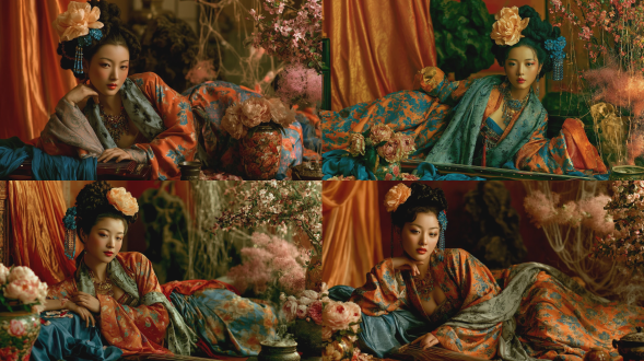真人唐代宫廷仕女写真照，姿态为： 半趴半倚，上半身微微抬起，肩头轻斜，目光柔和望镜头，体态松弛不失华贵。 光线：侧顺光，发丝柔光，暖金色柔光笼罩，边缘晕染朦胧光斑，局部暗调衬托氛围。 妆容：唐风眼妆，面靥点缀，浅红色口红，妆面精致淡雅。 发型：唐代高髻，乌黑发丝盘成蓬松发髻，鬓角贴发修饰脸型。 服饰：低饱和度橘蓝色宝相花印花撞色唐风襦裙，宽袖垂坠，衣料带暗纹光泽，搭配浅暗绿色印花宽大薄纱披帛，裙摆垂地。 装饰：发髻顶饰大朵浅橘色薄纱绢花，发间插蓝色珠花、流苏步摇，佩戴唐风华丽项链 。背景：左后侧暖橙纱幔垂挂，最后方深色大假山石，右前侧粉白满花海棠花树，搭配大簇浅粉色烟花菊与透光藤蔓，背景带光影微透光。 前景：右上方超大片蓝绸垂落地面覆盖古琴与地面，前方花瓶插满粉白牡丹，花瓣散落，地面置小香炉，烟雾缭绕。 画质效果：高斯模糊，阴影感强，明暗对比强烈，电影感氛围，高噪点质感，轻微柔焦滤镜，画面层次丰富。