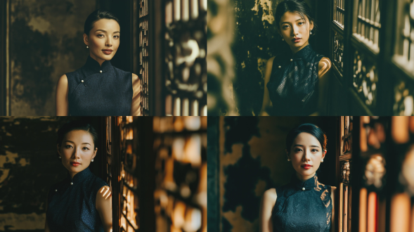 商业级民国复古暗调油画人像，一名25岁左右，温婉沉静的东亚女性，干净利落的中分低盘发，无碎发，佩戴小巧的白色珍珠耳钉，身穿藏蓝色暗纹无袖改良旗袍，珍珠一字盘扣，哑光棉麻面料质感，淡妆，自然通透原生皮肤。她侧身站在老旧木窗边，光影斜打在旗袍上，双手自然垂落，眼神温柔看向镜头。明暗对比强烈，亮部温暖柔和，暗部深邃压黑，把旗袍的棉麻质感和人物的沉静气质完美融合，高级感十足。 场景为老中式民居昏暗室内，深色斑驳木质背景，老旧木窗格/雕花木门框作为前景虚化。 午后斜射的金色侧逆光，透过木窗格形成条状光影，精准打在人物面部和肩部，明暗对比强烈，暗部深邃压黑，亮部温暖柔和，光影层次丰富，氛围感拉满。柯达portra 400复古胶片质感，细腻的胶片颗粒，暖黄色调，低饱和度，高对比度，油画般的朦胧质感，佳能r5全画幅相机，85mm f/1.4定焦镜头，大光圈浅景深，前景虚化，背景干净压暗，8k超高清，保留皮肤细腻肌理，拒绝过度磨皮，电影级光影，高级故事感人像，竖版构图。 精准负向提示词：高饱和艳丽色彩，明亮白光，正午顶光，现代服饰，碎花裙，t恤，牛仔裤，浓妆艳抹，大红唇，夸张首饰，披发，卷发，过度磨皮假脸，脸部锐化失真，卡通动漫风格，杂乱背景，多余杂物，畸形五官肢体，模糊低清，画面噪点过多，边缘模糊，现代家具，玻璃门窗，明亮室内环境。