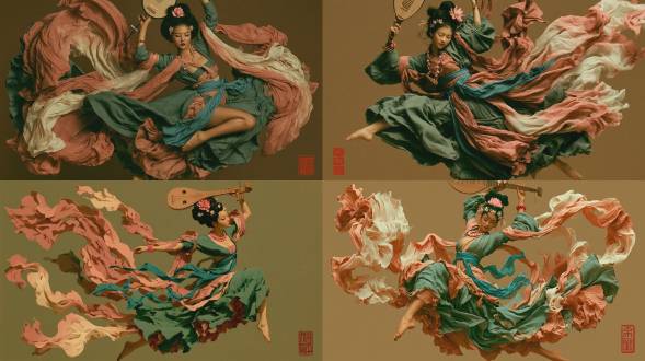 一名20岁出头的唐朝少女，黑盘发搭配玫红莲花发饰，额间玲珑花钿点缀，玫红珠串项链衬得肌肤胜雪，红玛瑙手镯添一抹古韵亮色；青绿色露腰抹胸、湖蓝色飘逸腰封、翠绿色阔摆仙裙，搭配随风翻卷的粉白渐变超长飘带，赤脚凌空，尽显轻盈脱俗的神女气质。单脚踮起腾空而起，身姿舒展轻盈，右手托举琵琶置于头顶后侧，左手优雅弯于脑后，宛若揽月入怀。身体微微舒展，裙摆层层垂落，粉白飘带向后肆意飞舞，是最经典、最贴合壁画原型的飞天姿态，温柔又大气。敦煌妆造与配色体系，坚守青绿、粉白、暖棕的壁画原色，搭配复古胶片质感、暖黄光影，保留角落中式篆刻红印章细节，还原最纯正的国风敦煌氛围。