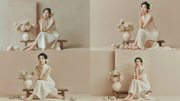 新中式人像摄影，温婉年轻东亚女性，乌黑盘发侧边点缀米白色干绣球花，身着素白棉麻无袖立领改良旗袍，赤足坐在复古矮原木长凳上，手肘轻撑托着下巴看向画面左侧，凳边放置粗陶米白色花瓶，瓶中插淡粉淡绿奶白色绣球花，地面散落几支绣球花，背景是哑光肌理浅奶茶色纯色背景，柔和侧逆光，低饱和莫兰迪暖色调，画面大面积干净留白，氛围感静谧温柔，胶片人像质感，皮肤纹理细腻真实，浅景深，高清8k