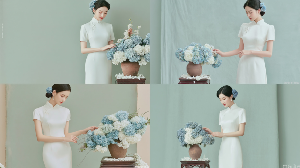 商业级真人摄影，一名20岁，站姿的优雅东亚女子，优雅的东方年轻女性，整洁的盘发上装饰着蓝色绣球花发饰，身着简约的白色缎面短袖中长款旗袍，佩戴小巧的珍珠耳环，目光柔和下垂，神情温婉端庄，双手轻触一束蓝白相间的绣球花，花艺置于复古深色实木中式边几上的粗陶棕色花瓶中，桌面和地面散落着白色花瓣，背景为质感柔和的青绿色旧影棚背景，柔和的侧向影棚光，朦胧温暖的柔和氛围，新中式美学肖像，胶片质感，高细节，哈苏相机拍摄，人物焦点清晰。