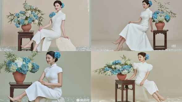 商业级摄影，一位美丽的年轻东亚女性全身优雅肖像，侧身侧脸，目光看向别处，嘴角带着柔和的浅笑，深色头发整齐地向后梳起，饰有蓝色绣球花，佩戴精致的珍珠耳钉，身穿哑光白色复古短袖旗袍，搭配米色尖头高跟鞋，优雅地坐在复古深色实木中式边桌边缘，桌上摆放着陶土花瓶，插有蓝白淡绿色绣球花和龟背竹叶，背景为质感柔和的浅青色复古摄影棚背景，地面散落着白色花瓣，柔和的侧向漫射摄影棚光线，氛围宁静祥和，传统中式美学，细腻的自然皮肤纹理，人像摄影，使用 85mm f/1.4 镜头拍摄，浅景深。