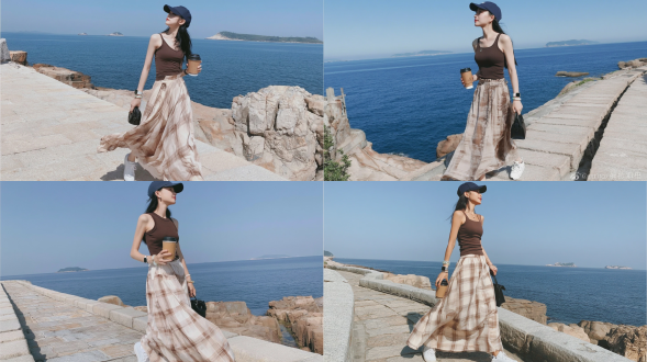 专业级抓拍自然旅行摄影，一名20-22岁，苗条的东亚女性走在海边石质长廊上，头部微仰看向天空，黑色长发塞在深海军蓝棒球帽下，身穿深棕色无袖修身背心，搭配飘逸的浅米色棕色格纹长裙，脚穿白色休闲运动鞋，左手拿着棕色纸质外带咖啡杯，右手提着黑色小手提包，手腕佩戴智能手表和细玉镯，背景是广阔深邃明亮的蓝色大海，海中散布着风化的礁石，海平线上可见微小的远方岛屿，万里无云的清澈明亮蔚蓝天空，柔和温暖的夏季正午自然光，清新休闲的度假氛围，写实纹理，高细节，人像模式拍摄，8k，无过度磨皮
