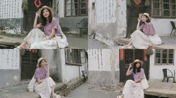 专业级抓拍自然旅行摄影，一名24-25岁，优雅年轻东亚女性的全身肖像，头戴浅米色宽檐草帽，身穿薰衣草色短袖t恤、米白色水墨长裙，脚蹬白色平底凉鞋，手提纯白色帆布袋，坐在中国南方老式民居外的斑驳石码头上，一只手轻触帽檐，面带柔和微笑，背景为带有竖排中式书法的老旧白灰墙、贴有红色福字和悬挂艾草的深色古旧木格门、老式木框玻璃窗，窗边摆放着黑色金属椅，地面为灰色砖铺路，柔和的阴天自然光，胶片颗粒感，柯达 gold 200，清新随意的街头摄影，柔和的色调，舒适宁静的氛围，浅景深。无过度磨皮