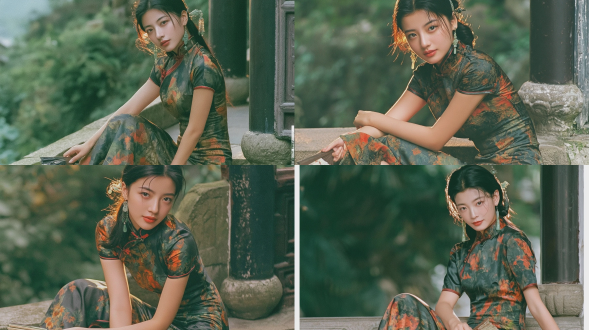 商业级全身人像写真，一名18-20岁，美丽温柔的年轻东亚女性，面部轮廓柔和精致，黑色长发盘成低发髻，饰有古董流苏玉簪，佩戴精致的长款玉坠耳环，身着复古暗绿色与橙色印花丝绸旗袍，传统红色盘扣，修身短袖长款旗袍，坐在苏州古典园林的石阶上，轻持折扇，温暖的黄金时刻侧逆光，发丝与手臂边缘泛着柔光，朦胧的阳光，背景为模糊的郁郁葱葱的绿植虚化，右侧为古老的深色木柱，自然柔和地注视着镜头，怀旧的90年代中国美学，细腻的自然胶片颗粒，真实的皮肤质感，浅景深，温暖柔和的复古色调 。35mm复古柯达gold 200胶片人像