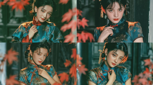 商业级真人写真，一名优雅的20岁东亚女性，面容柔美精致，黑色头发整齐地盘成低发髻，佩戴复古雕花金流苏发簪和青玉水滴耳环，身着带有褪色复古花卉图案的传统缎面旗袍，深青色底色，短袖，红色盘扣，一只手轻轻触碰旗袍襟口，目光柔和地注视着观众，侧面金色背光，温暖的阳光洒在肩膀和脸颊上，头发边缘有轮廓光，背景为模糊的深色中式老木窗框，前景为失焦的红枫叶，使用35mm kodak gold 200胶片拍摄，自然的精细胶片颗粒，柔和的焦外成像，怀旧的1930年代民国美学，忧郁而温柔的氛围，超细腻的皮肤纹理，电影级摄影，浅景深，8k ，无过度磨皮。