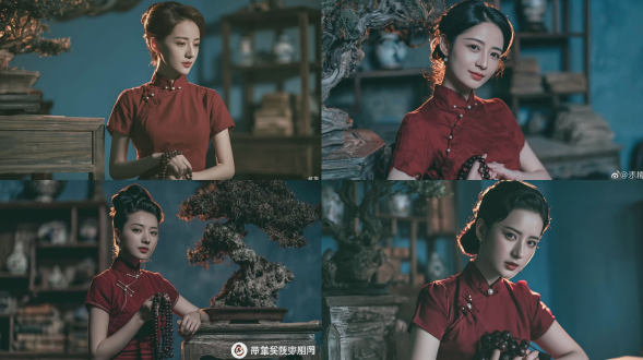 优雅的年轻东方女性，身着深红色短袖旗袍，立领处饰有细小的珍珠纽扣，复古利落的盘发造型，手持深色木质念珠，神情温婉宁静，端坐在民国风格的复古茶室中，前景为饱经风霜的实木茶桌，画面上方由一株姿态优雅的古老盆景勾勒，背景为模糊的木质展示架，陈列着古董瓷器和堆叠的旧书，戏剧性的侧后方柔和轮廓光，温暖的金色光芒照亮发丝边缘和肩部，深沉柔和的青色墙面背景，怀旧忧郁而宁静的氛围，使用 kodak portra 400 胶片拍摄，f/1.4 大光圈，极浅的景深，柔和自然的细腻胶片颗粒，电影级人像摄影，超写实，8k 高细节