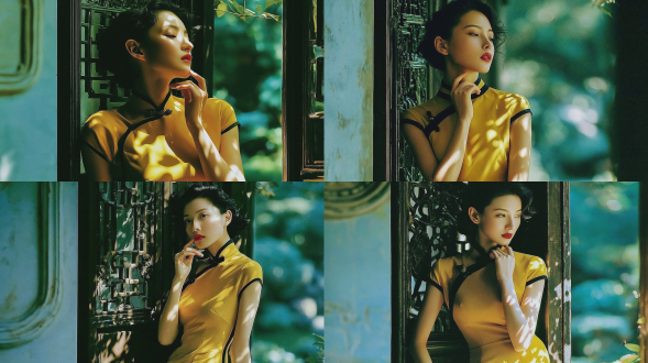 逼真风格的中景肖像，描绘一位20-21岁，优雅婉约的东亚女性，黑发温婉低盘发，身穿明黄色滚黑边短袖传统旗袍，配复古中式盘扣，侧身倚靠深色雕花中式镂空木格门，仰头朝向柔光方向，单手轻触下颌，斑驳树叶光影错落洒落覆盖在衣裙和肌肤表面，背景是虚化失焦的窗外翠色园林景致，左侧是低饱和冷调淡青蓝古旧墙面，复古胶片人像摄影，柯达portra 400胶片颗粒质感，柔和侧逆光，朦胧柔焦，浓郁民国东方氛围感，浅景深，细腻自然皮肤质感，电影光影，高细节。不要过度磨皮。