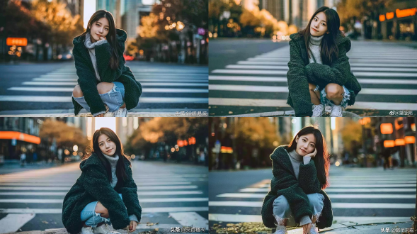 杂志风格人像摄影，一名20-22岁，优雅知性的东亚少女，留着长而顺直的黑色秀发，面带柔和、温婉、淡淡的微笑；蹲坐在城市斑马线旁的路缘石上；身穿深绿色毛绒抓绒夹克，内搭浅灰色高领针织衫，下着浅蓝色毛边短款牛仔裤，脚踩米白色帆布鞋；拍摄于金秋时节傍晚的黄金时刻，温暖的侧逆光，背景为都市中心街道，远处高楼建筑虚化，秋日树木枝叶呈金黄色，远处可见橙色店铺招牌，背景呈现柔和散焦的光斑效果；采用35mm柯达portra 400胶片风格摄影，呈现自然肌肤质感，柔雾色调，细腻微妙的胶片颗粒感，电影级暖冷色调对比，浅景深，中近景构图。负面提示词：低质量、模糊、扭曲、多余手指、畸形特征、过度、不足、噪点、粗糙皮肤、肤色暗沉、表情僵硬、过度平滑、塑料质感、水印、文字、边框。