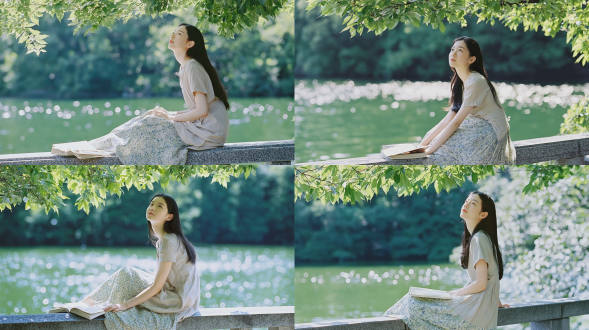时尚杂志风格全身人像摄影，一名20-22岁，优雅知性的东亚少女，留着长长的直黑发，身穿浅米白色短袖连衣裙，裙面印有淡蓝色细小花卉图案；她坐在平静的翠绿色湖畔灰色石栏上，身旁放着一本摊开的书；她微微仰头向上凝望，神情宁静柔和；画面顶部被垂挂的新鲜青绿色树叶覆盖，背景为虚化的浓密绿色森林；明亮而朦胧的阳光透过叶隙洒落，空气轻盈通透，呈现柔和的圆形散景光斑；整体洋溢着清新治愈的初夏氛围；使用柯达gold 200胶卷拍摄，浅景深，干净柔和的低饱和粉彩色调，竖构图，画面顶部留有大量空白。负面提示词：低质量、模糊、扭曲、多余手指、多余肢体、畸形特征、过度、不足、噪点、粗糙皮肤、肤色暗沉、表情僵硬、过度平滑、塑料质感、水印、文字、边框。
