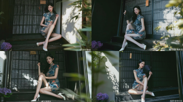 时尚杂志风格全身人像摄影，一名20-22岁，优雅知性的东亚少女，拥有柔顺乌黑的长发与白皙细腻的肌肤；身着紧身短款旗袍，印有复古蓝色牡丹图案；手持黑色折扇；脚穿白色尖头细高跟鞋；盘腿坐于极简新中式茶馆的深色木质门廊台阶上；背景为黑色格栅纸糊障子门（磨砂和纸），门上悬挂木质小招牌；左下角摆放一盆紫色绣球花；前景为虚化的绿色植物；午后侧光在墙面与地面投下斑驳光影；光线柔和自然；85mm f/1.4镜头拍摄，浅景深，胶片颗粒感，超高细节，8k画质，电影级影调，静谧温婉的复古氛围。负面提示词：低质量、模糊、扭曲、多余手指、多余肢体、畸形特征、过度、不足、噪点、粗糙皮肤、肤色暗沉、表情僵硬、过度平滑、塑料质感、水印、文字、边框。