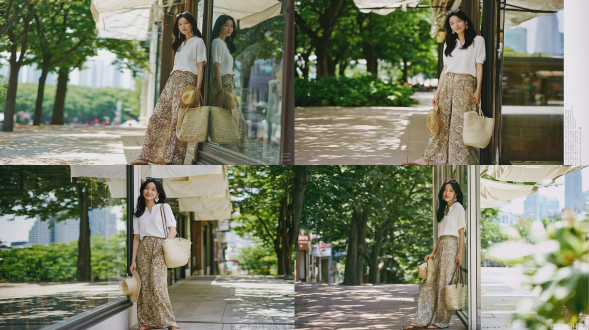 时尚杂志风格全身人像摄影，一名20-22岁，优雅知性的东亚少女，留着柔顺的长黑发，面带温柔柔和的微笑；她站在夏日晴朗白天街边咖啡馆的玻璃窗旁，身穿白色镂空短袖针织polo衫、复古佩斯利印花阔腿长裤，脚踩棕色平底凉鞋，肩挎一只大型草编托特包，手握一顶小巧的草帽，太阳镜置于头顶，佩戴精致耳饰；浓密绿树在人行道上投下斑驳树影，背景为虚化的绿色 foliage 与远处城市摩天大楼，店铺上方悬有白色布质遮阳篷；光线为柔和自然日光；呈现清新随性的街头时尚摄影风格；使用85mm f/1.4镜头拍摄，景深浅，色调温暖明亮，带有细微胶片颗粒感，肌肤质感自然真实。负面提示词：低质量、模糊、扭曲、多余手指、多余肢体、畸形特征、过度、不足、噪点、粗糙皮肤、肤色暗沉、表情僵硬、过度平滑、塑料质感、水印、文字、边框。