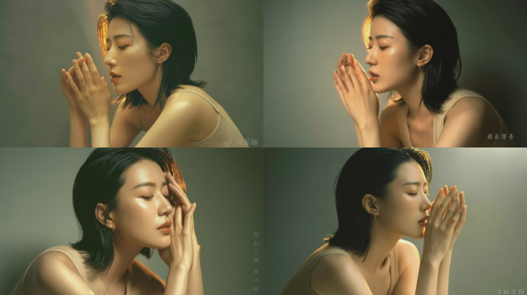 杂志清新风格人像摄影，一名20-22岁，优雅知性的东亚少女，乌黑顺滑的齐肩短发，侧脸视角，双眼微闭、目光低垂，双手交叠置于脸旁，身着素雅米色罗纹吊带背心，佩戴小巧的耳钉，柔和的金色侧逆光勾勒出发丝边缘，肌肤呈现自然水润光泽质感，背景为柔和朦胧的灰绿色纯色，使用柯达portra 400胶片以中画幅相机拍摄，浅景深，柔美散景，宁静温柔的氛围，温暖低饱和度的色彩基调，极致精细细节，8k分辨率。负面提示词：低质量、模糊、扭曲、多余手指、多余肢体、畸形特征、过度、不足、噪点、粗糙皮肤、肤色暗沉、表情僵硬、过度平滑、塑料质感、水印、文字、边框。