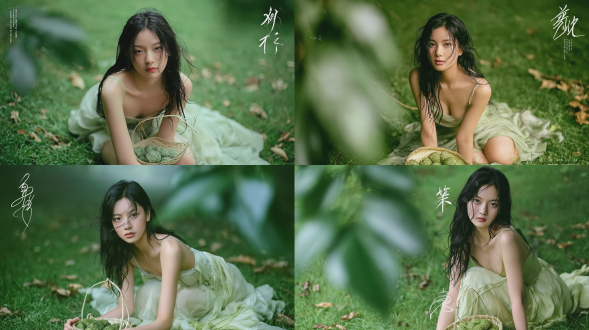 杂志清新风格人像摄影，一名20-22岁，优雅知性的东亚少女，湿漉漉的凌乱长黑发，几缕发丝垂落于面颊，身着浅淡青绿色雪纺细肩带连衣裙，跪坐在郁郁葱葱、鲜嫩翠绿的草坪上，双手捧着一只小巧竹篮，篮中盛放着青翠欲滴的饭团小吃；柔和漫射的夏日阴天自然光，前景为虚化的绿色叶片散景，背景是雾气氤氲、静谧幽深的森林草甸，草面上零星散落着干枯落叶；整体氛围柔和、梦幻而宁静；使用85mm f/1.4镜头拍摄，富士pro 400h胶片质感，低饱和度、柔和自然的绿色调，浅景深，柔焦效果，肌肤纹理真实细腻，无过曝。。负面提示词：低质量、模糊、扭曲、多余手指、多余肢体、畸形特征、过度、不足、噪点、粗糙皮肤、肤色暗沉、表情僵硬、过度平滑、塑料质感、水印、文字、边框。