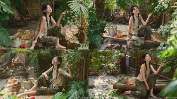 时尚杂志风格全身人像摄影，一名20-22岁，清瘦知性的东亚少女，乌黑长麻花辫，面容清冷柔和，身着浅杏色暗纹无袖新中式上衣，橄榄绿暗花阔腿裤，光脚，半跪趴靠在老旧竹凉床上，指尖轻触身旁绿植叶片抬头望向上方，竹凉床上摆放复古镀锌铁皮水盆盛着清水鲜果、草编蒲扇、三颗新鲜红番茄，木质露台地面带着水渍，四周环绕茂密的夏日绿植龟背竹、山茶叶、散尾葵，背景隐约可见藤编躺椅与竹篱笆，午后阳光透过树叶洒下斑驳光影，柔和自然光，治愈老院子夏日氛围，85mm f1.4镜头拍摄，自然通透的皮肤质感，轻微胶片颗粒，浅景深，画面细节丰富，暖柔复古色调。负面提示词：低质量、模糊、扭曲、多余手指、多余肢体、畸形特征、过度、不足、噪点、粗糙皮肤、肤色暗沉、表情僵硬、过度平滑、塑料质感、水印、文字、边框。