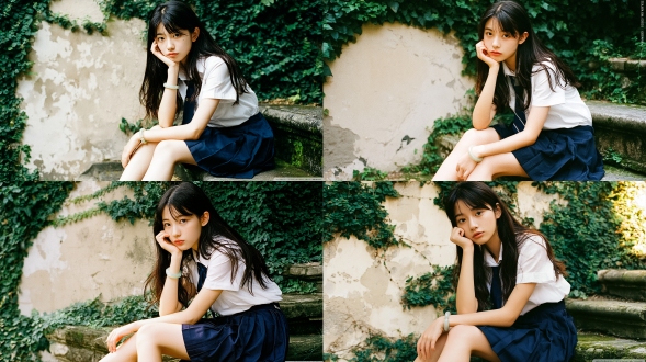 时尚杂志风格全身人像摄影，一名16-18岁，清新灵动的东亚少女，长直黑发，空气刘海，面容柔和精致，双眼清澈明亮，一手托腮静坐于布满青苔的古老石阶上，身着白色短袖jk校服衬衫，深蓝色领结，藏青色百褶裙，腕戴浅玉色手镯；背景为斑驳的米 beige 混凝土墙，密布浓绿常春藤藤蔓；温暖的金色午后侧逆光，柔和自然照明；日系胶片人像美学，柯达gold 200细腻胶片颗粒，浅景深，复古清新暖色调调色，朦胧柔焦氛围，真实自然肌肤质感，高细节呈现。负面提示词：低质量、模糊、扭曲、多余手指、多余肢体、畸形特征、过度、不足、噪点、粗糙皮肤、肤色暗沉、表情僵硬、过度平滑、塑料质感、水印、文字、边框。