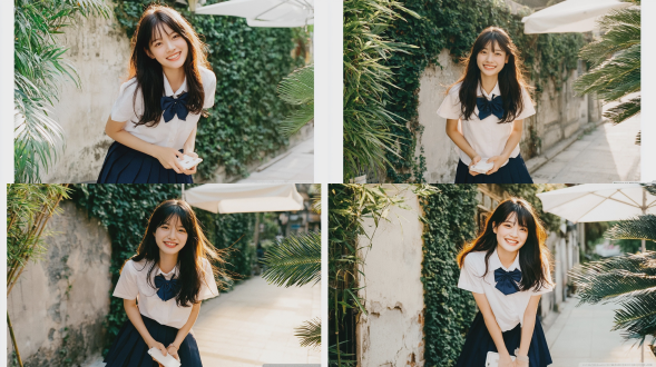 时尚杂志风格全身人像摄影，一名16-18岁，清新灵动的东亚少女，柔顺的刘海，乌黑长发，明亮欢快的笑容露出洁白牙齿；身穿白色短袖jk制服衬衫，搭配深蓝色蝴蝶结领带与深蓝色百褶短裙；身体微微前倾，双手持握一部白色智能手机；站立于夏日城市人行道上，身旁是一面爬满翠绿常春藤的旧墙；画面角落可见硕大的龟背竹叶片与蒲葵植株；右上方部分呈现一柄白色户外遮阳伞；温暖的黄金时刻日落逆光，发丝边缘泛起柔和辉光；柯达gold 200胶片质感，自然柔美散景，浅景深；清新温暖的色彩调校；纯粹青春治愈氛围；高细节表现，人物面部锐利清晰。负面提示词：低质量、模糊、扭曲、多余手指、多余肢体、畸形特征、过度、不足、噪点、粗糙皮肤、肤色暗沉、表情僵硬、过度平滑、塑料质感、水印、文字、边框。