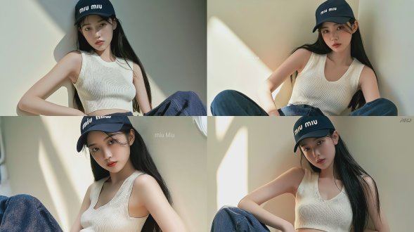 时尚杂志风格全身人像摄影，一名20-22岁优雅知性的东亚少女，拥有一头柔顺修长的黑发；头戴一顶深海军蓝棒球帽，帽檐上以白色刺绣呈现“miu miu”字样；身穿米白色短款罗纹针织背心；下搭宽松深蓝色牛仔裤；倚靠在纯浅米白色墙壁前；明亮柔和的自然侧光照射；墙上投射出柔和的阳光阴影；肤色如奶油般细腻白皙；面容清秀自然；整体呈现随性纯粹的日常街头风格；构图为上半身特写；符合instagram时尚美学；使用sony a7iv相机搭配50mm f1.8镜头拍摄；景深极浅；超写实风格；8k级锐利细节；自然柔和的色彩调校。负面提示词：低质量、模糊、扭曲、多余手指、多余肢体、畸形特征、过度、不足、噪点、粗糙皮肤、肤色暗沉、表情僵硬、过度平滑、塑料质感、水印、文字、边框。
