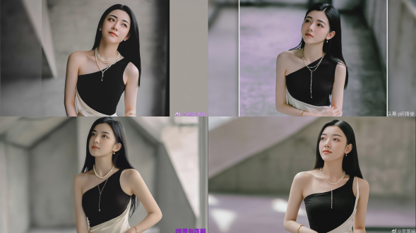 时尚杂志风格全身人像摄影，一名20-22岁优雅知性的东亚少女，拥有一头柔顺笔直的乌黑长发，面容柔和精致，微微仰视，神态平静温柔；身着不对称单肩紧身黑色上衣与象牙色缎面长裙，佩戴多层珍珠吊坠项链（配微小吊坠）、小巧珍珠耳钉及纤细金色手镯；置身于虚化处理的极简主义裸露混凝土室内空间中；柔和漫射的自然侧光从侧面照射；使用85mm f/1.4镜头拍摄，景深极浅，背景呈现奶油般柔焦效果；整体色调低饱和、柔和内敛；肌肤质感通透真实，带有细微胶片颗粒感；细节丰富，富有电影氛围。。负面提示词：低质量、模糊、扭曲、多余手指、多余肢体、畸形特征、过度、不足、噪点、粗糙皮肤、肤色暗沉、表情僵硬、过度平滑、塑料质感、水印、文字、边框。