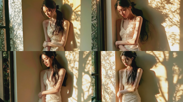 时尚杂志风格全身人像摄影，一名20-22岁优雅知性的东亚少女，黑发半扎，后脑勺处为小巧低髻，其余乌黑柔顺的长发披散于肩头；妆容淡雅，双目微垂，头部略倾；身着米白色褶皱质感、抽褶设计的无袖吊带短裙；倚靠在暖米色墙壁上；侧窗洒入黄金时刻的温暖阳光，树影斑驳，光影投射于墙面与女子身上；画面左侧为部分窗框，窗外可见绿色植物；光线柔和自然，氛围慵懒宁静；带有胶片颗粒感；皮肤细节高度真实；8k分辨率；使用50mm f/1.8镜头拍摄。负面提示词：低质量、模糊、扭曲、多余手指、多余肢体、畸形特征、过度、不足、噪点、粗糙皮肤、肤色暗沉、表情僵硬、过度平滑、塑料质感、水印、文字、边框。