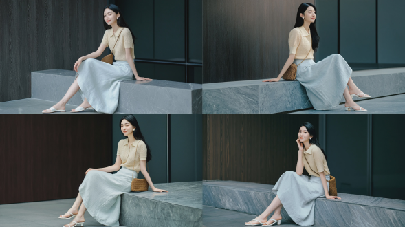 时尚杂志风格人像摄影，一名20-22岁，优雅知性的东亚少女，浓密顺直的黑色长发，柔和温婉的侧脸微笑，坐在灰色大理石石沿上，一手轻搭于石面，双腿自然交叠；身着米黄色 polo 领镂空针织短袖上衣，浅天蓝色飘逸亚麻材质中长裙，白色细跟单带穆勒凉鞋，小巧珍珠耳钉，棕色编织腋下包斜挎于肩；背景为深色木纹墙面与深色调落地玻璃建筑立面，柔和漫射的阴天自然日光，清新随性的日常氛围，人像摄影，使用富士 fujifilm xt4 拍摄，85mm f/1.4 镜头，浅景深，自然真实的肌肤质感，低饱和度柔和莫兰迪色调，细节锐利清晰，宁静平和的氛围。避免 ai 美女脸、低质量、模糊、扭曲、多余肢体、多余手指、畸形特征、过度、不足、噪点、粗糙皮肤、肤色暗沉、表情僵硬、过度平滑、塑料质感、水印、文字、边框、过度精修、塑料皮肤、暗沉肤色、明显痘印、明显皱纹、斑点、面部变形。