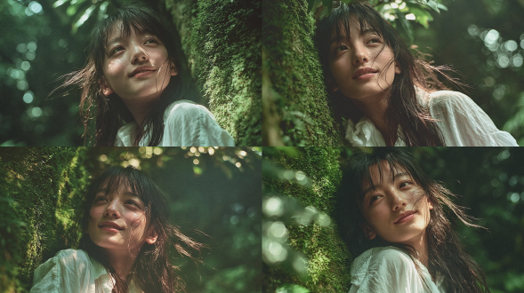 日系胶片写真，年轻少女，深黑色长直发齐刘海，身着宽松白色衬衫，侧身倚靠在长满鲜绿苔藓的大树树干上，仰头看向斜上方，眉眼温柔带着浅淡笑意，几缕碎发丝被微风拂过贴在脸颊，夏日林间场景，柔和逆光丁达尔光效，阳光穿透树叶形成朦胧的光斑散景，背景虚化深绿色丛林，通透清透的冷调绿色氛围，柯达金200胶卷质感，柔焦朦胧，低饱和度，自然柔光，极致浅景深，半身人像特写