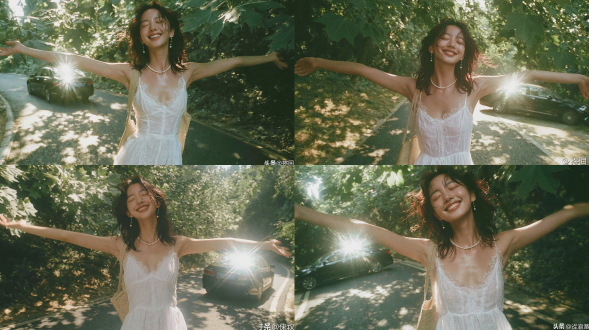 年轻快乐的东亚女性，闭着眼睛灿烂微笑，双臂完全张开，齐肩深色秀发，身穿白色蕾丝边吊带背心和白色亚麻长款及地裙，佩戴精致的珍珠短项链和小巧的珍珠垂坠耳环，肩挎米色镂空草编包，站在夏日森林的柏油林荫道上，阳光透过浓密翠绿的梧桐树叶洒落，在路面上投下斑驳树影，远处路边停着一辆黑色轿车，柔和逆光，明亮阳光眩光，清新夏日风格，写实人像，使用富士c200胶片拍摄，自然肌肤质感，浅景深，柔暖色调，高细节。