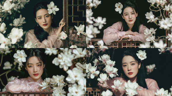 年轻东亚女性，25岁，乌黑长发，发间簪一朵白色玉兰花，面容清秀，妆容淡雅，身穿浅粉色通透纱质汉服，姿态优雅，倚靠在中式木质花格栏杆上，周围环绕盛开的白色玉兰花枝，纯黑色极简背景，人像特写，柔和光影，古典雅致